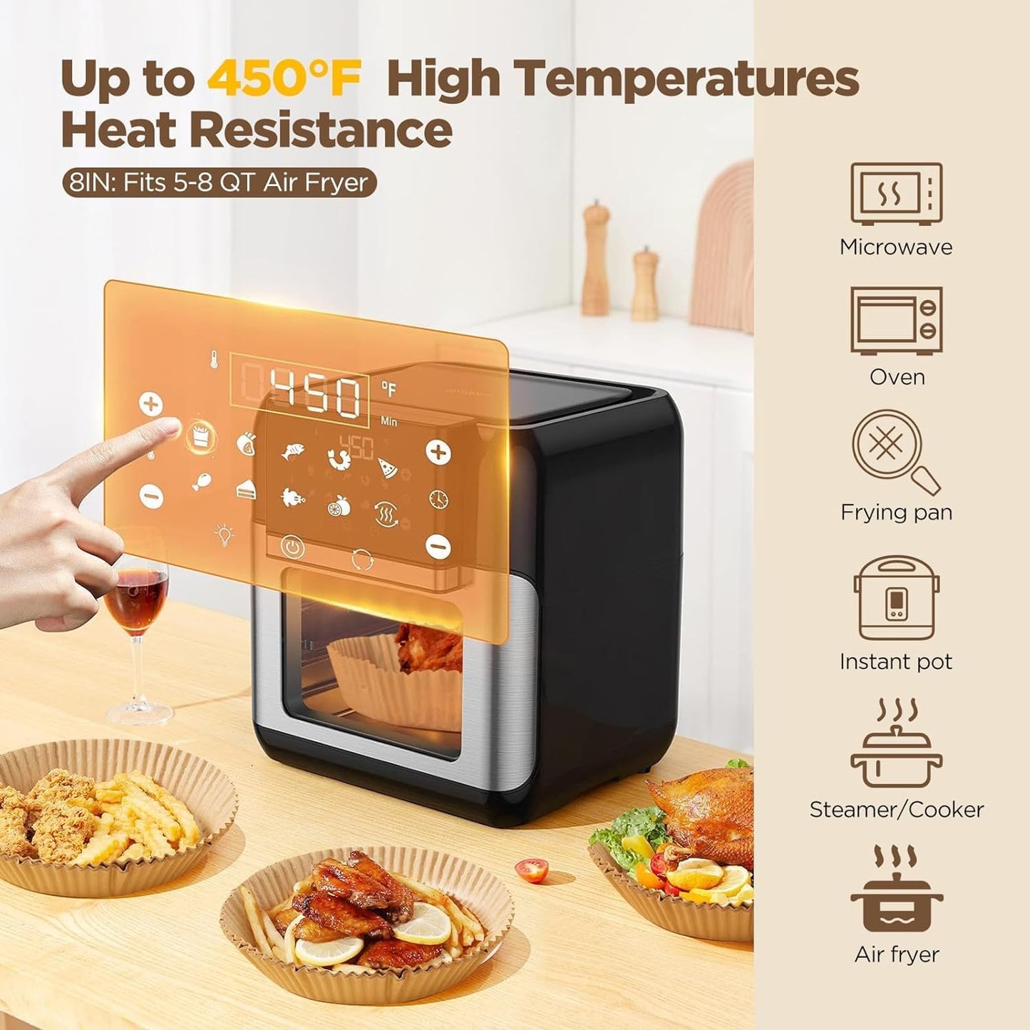 Schwarzer Airfryer mit digitalem Display, hitzebeständig bis 450°F, 8-in-1 Funktionen.