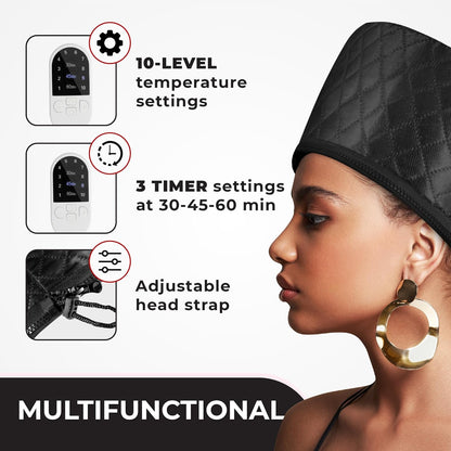 Multifunktionale beheizte Haube, schwarz, 10 Temperaturstufen, verstellbarer Kopfgurt, Timer.
