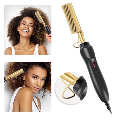 Elektrische Haarglätterbürste, schwarz-gold, für lockiges Haar, Styling-Werkzeug.