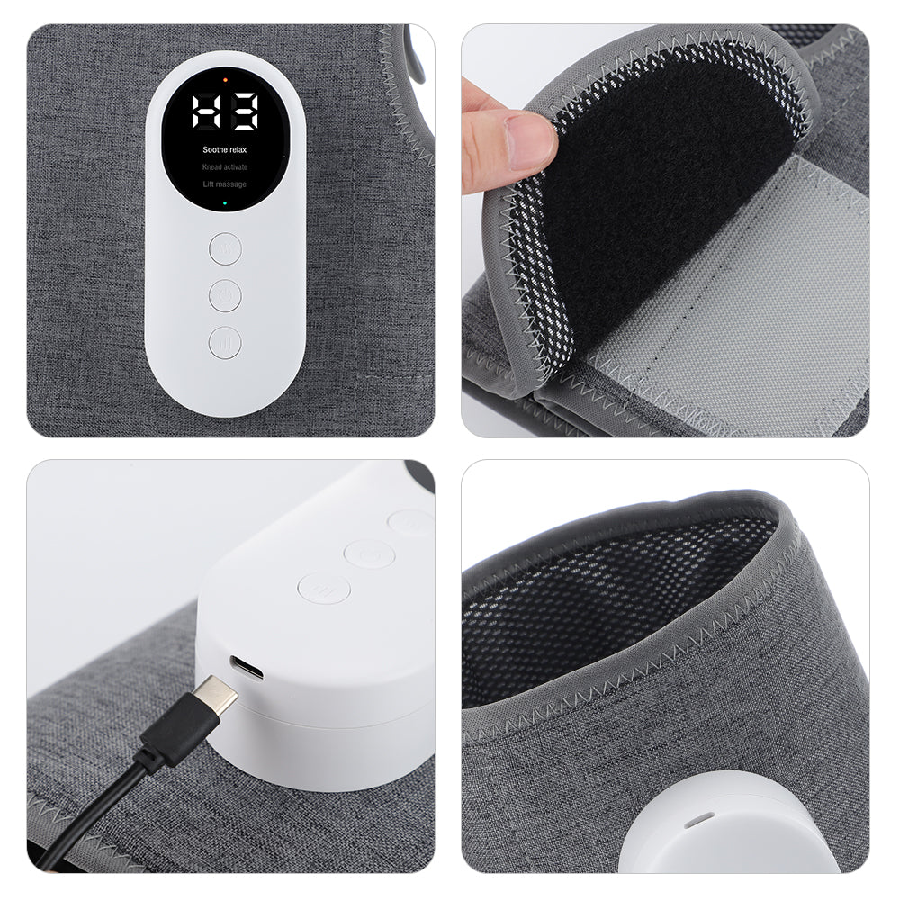 Graues Heizkissen mit digitalem Display, USB-Anschluss und Klettverschluss.