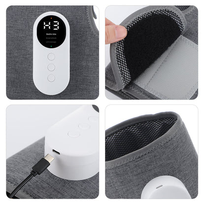 Graues Heizkissen mit digitalem Display, USB-Anschluss und Klettverschluss.