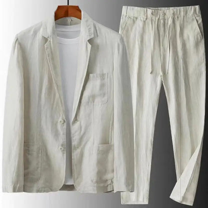 Beiger Leinenanzug für Herren, zweiteilig, mit Jacke und Hose, ideal für Sommermode.