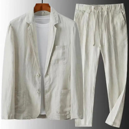 Beiger Leinenanzug für Herren, zweiteilig, mit Jacke und Hose, ideal für Sommermode.