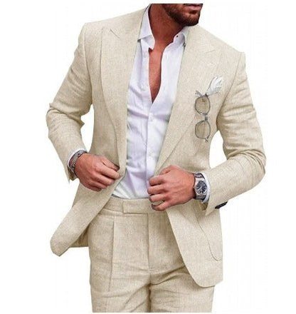 Eleganter beiger Leinenanzug für Herren, ideal für Sommermode und formelle Anlässe.