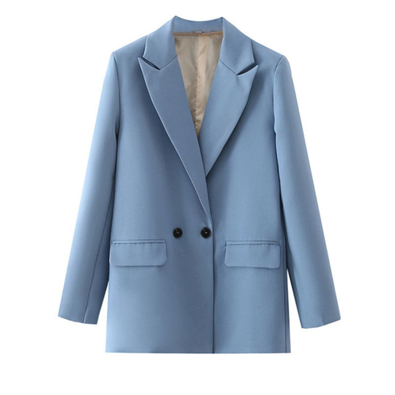Hellblauer Damenblazer, zweireihig, elegantes Design, ideal für Business- und Freizeitkleidung.