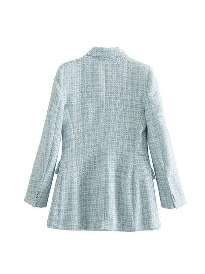 Hellblauer Damenblazer aus Tweed, elegant, langärmelig, Rückansicht, modisch, Business-Look.