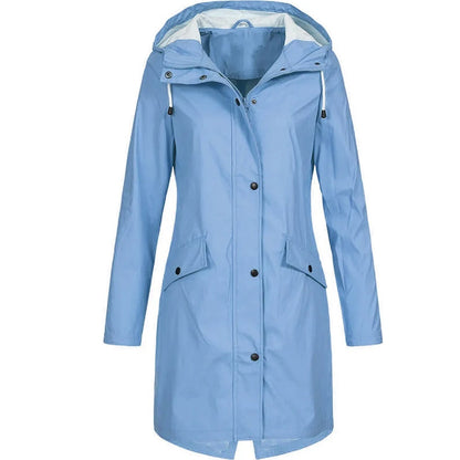 Blaue Damen-Regenjacke mit Kapuze, wasserdicht, modisch, Outdoor-Bekleidung.