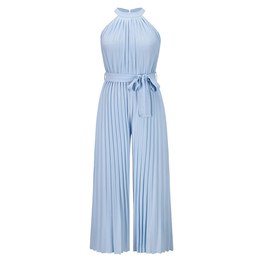Hellblauer, ärmelloser Jumpsuit mit Plissee-Design und Taillengürtel für Damenmode.