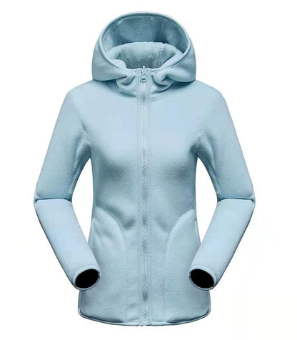 Damen Fleecejacke mit Kapuze, hellblau, Reißverschluss, warm, Outdoor-Bekleidung, Wintermode.