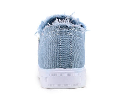 Blaue Jeans-Sneaker, Damen, Fransen, weißer Gummisohle, modisch, lässig, bequem.
