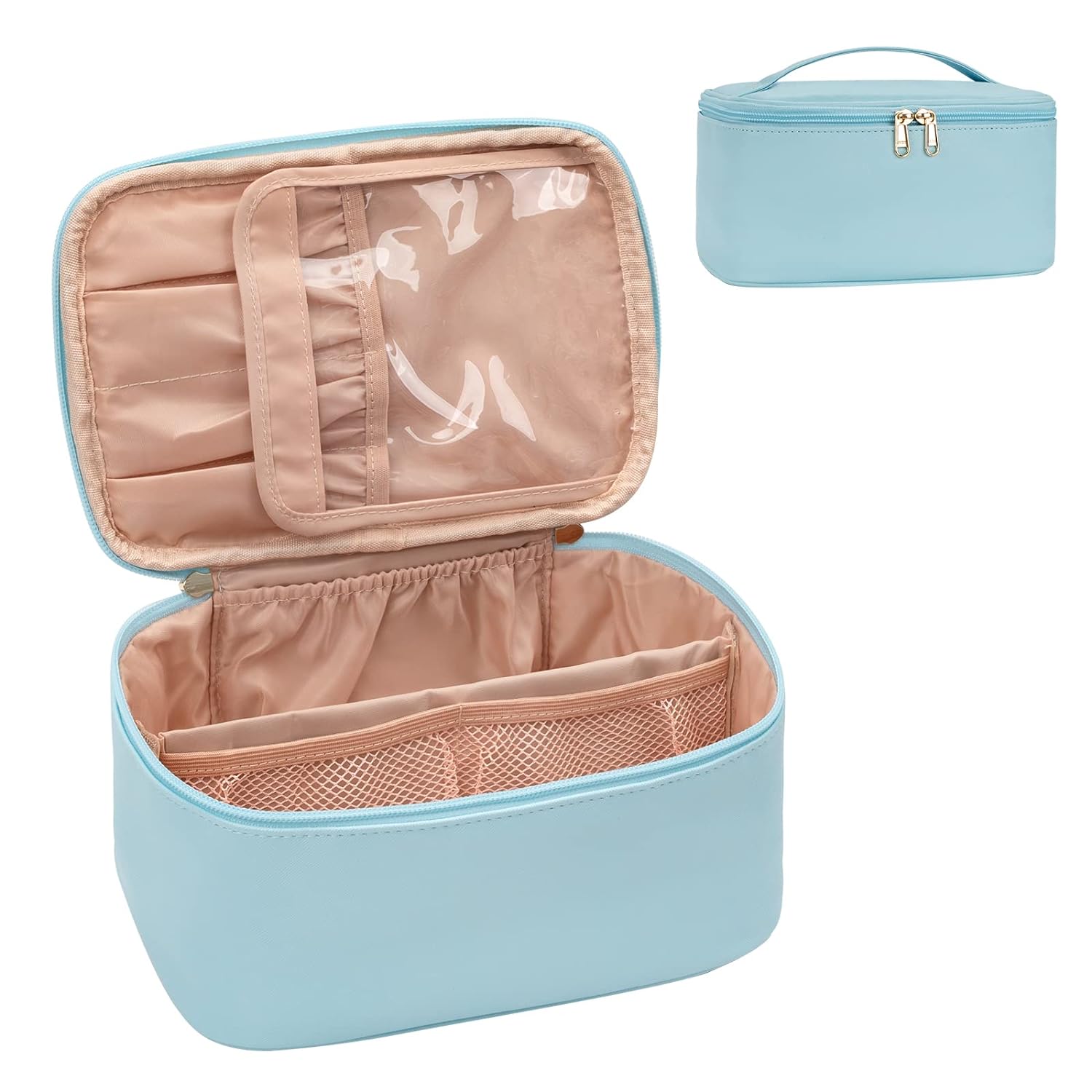 Hellblaue Kosmetiktasche mit Reißverschluss, Fächern und Griff, ideal für Reisen und Aufbewahrung.