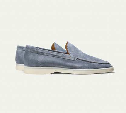 Graue Herren-Lederloafer, Wildleder, rutschfeste Sohle, elegantes Design.