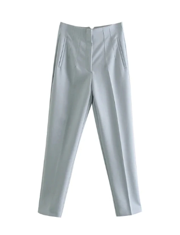 Hellgraue Damenhose, elegant, gerade geschnitten, mit Taschen, aus Baumwollmischung.