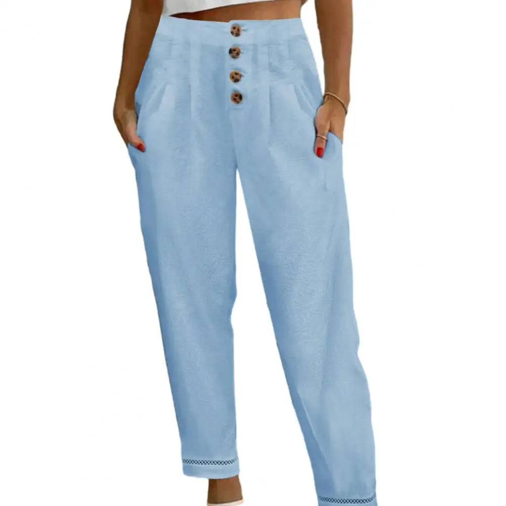 Damenhose aus Leinen, hellblau, mit Knöpfen, Sommermode, lässig, bequem, Taschen