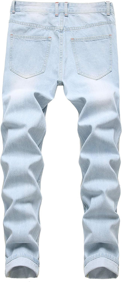 Hellblaue Jeanshose, Herren, Denim, gerade Passform, modisch, Freizeitkleidung, Rückansicht.