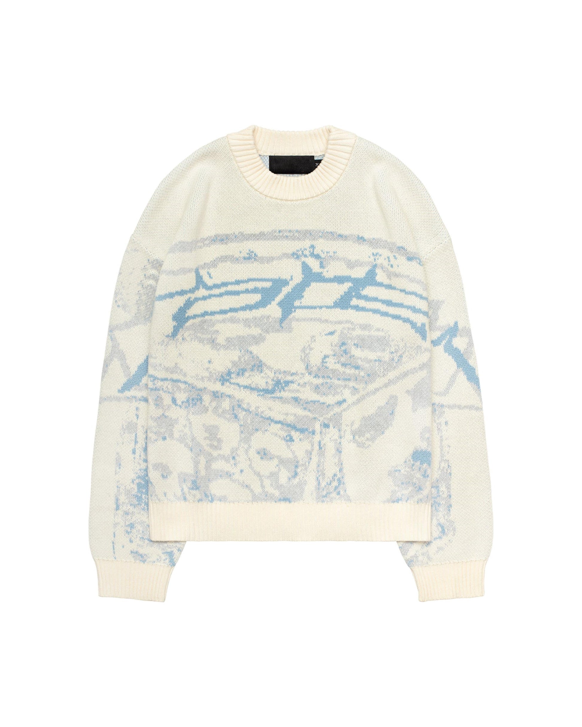 Cremefarbener Strickpullover mit blauem Muster, Rundhalsausschnitt, Baumwolle, Unisex-Mode.