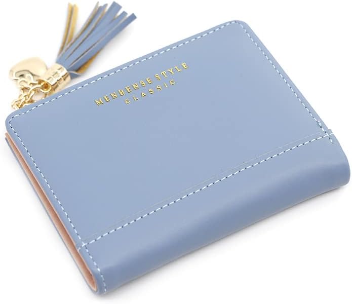 Blaue Damen-Geldbörse aus Leder mit Quastenanhänger, kompakt, stilvoll, klassisches Design.
