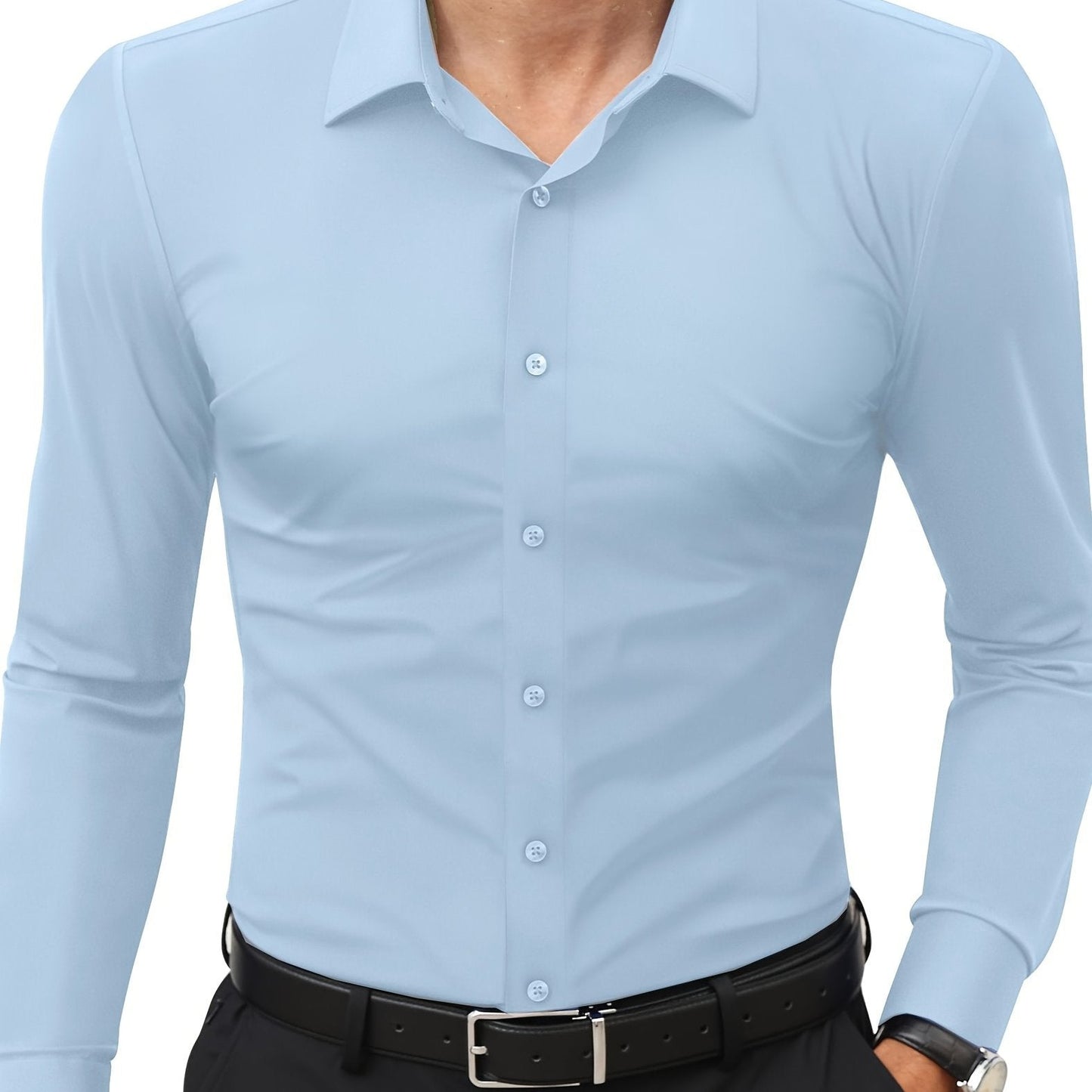 Hellblaues Herrenhemd, langärmelig, klassischer Kragen, Business-Look, Baumwolle.