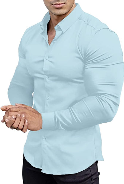 Hellblaues Herrenhemd, langärmelig, Slim Fit, Baumwolle, elegant, Freizeitmode.