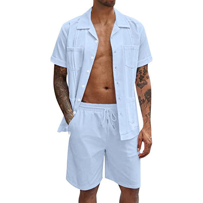 Männer Sommer-Set, hellblau, kurzärmeliges Hemd und Shorts, Freizeitkleidung, Baumwolle.