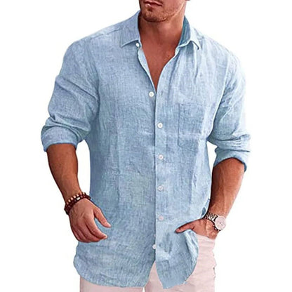 Hellblaues Leinenhemd für Herren, langärmlig, lässig, Sommermode, Knopfleiste.