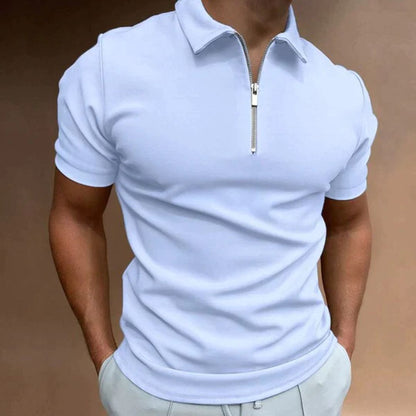 Herren Poloshirt mit Reißverschluss, hellblau, kurzärmelig, modisch, bequem, Freizeitkleidung.
