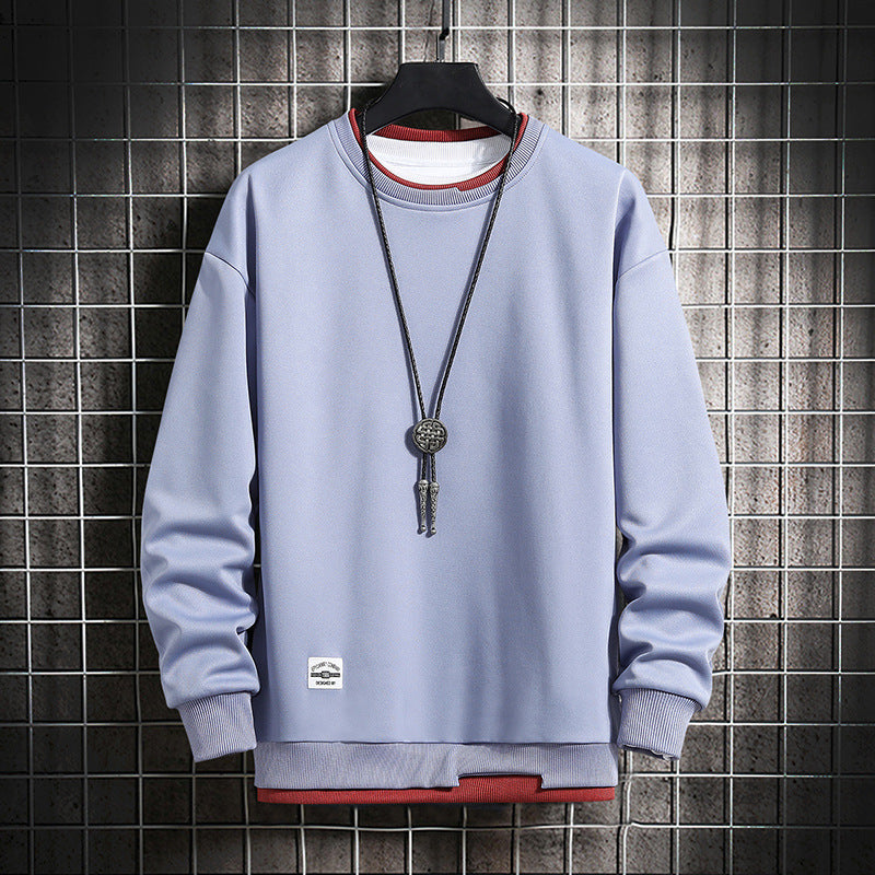 Graues Sweatshirt mit Rundhalsausschnitt, Kordelkette, Herrenmode, lässiger Stil, Baumwolle.