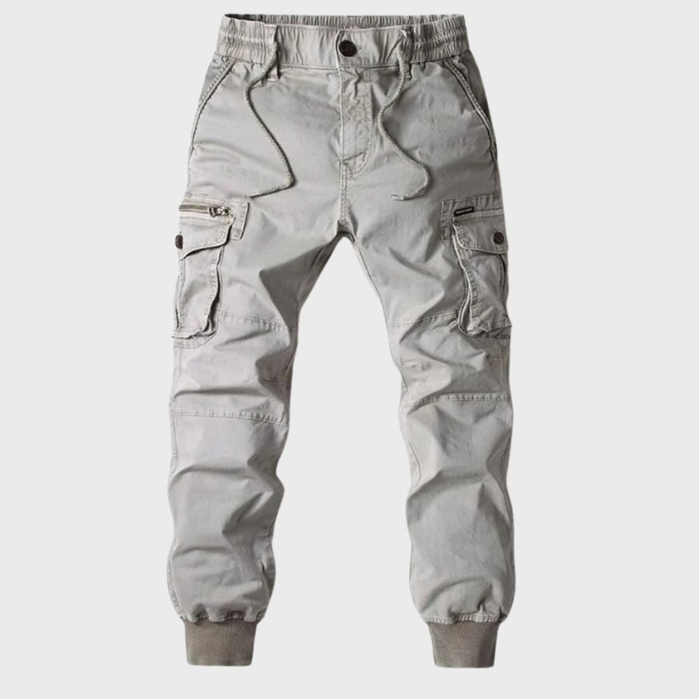 Hellgraue Cargo-Jogginghose für Herren, Baumwolle, Taschen, sportlich, bequem.