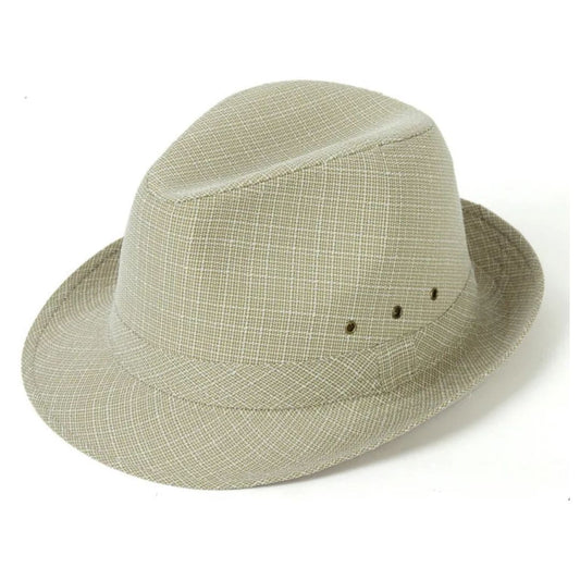Beiger Fedora-Hut aus Leinen, atmungsaktiv, stilvoll, ideal für Sommermode und Outdoor-Aktivitäten.