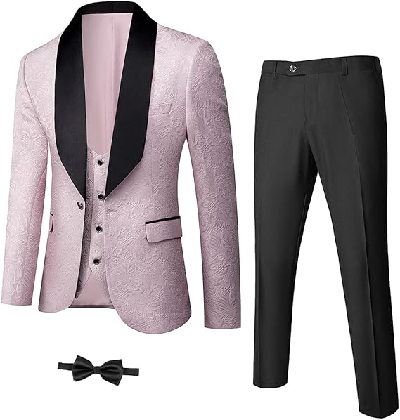 Rosa Herrenanzug mit schwarzem Revers, Weste, Hose und Fliege, elegant, Hochzeit, Party.
