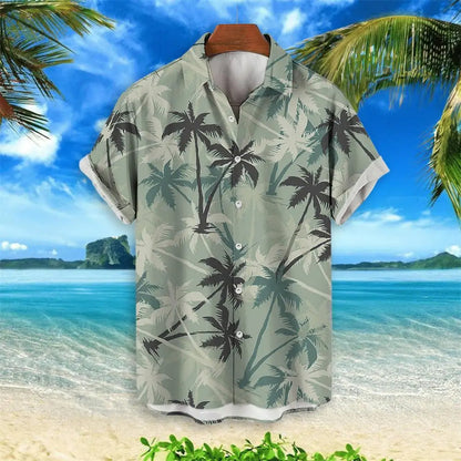 Herren Hawaiihemd mit Palmenmuster, grün, Kurzarm, Strand, Sommermode.
