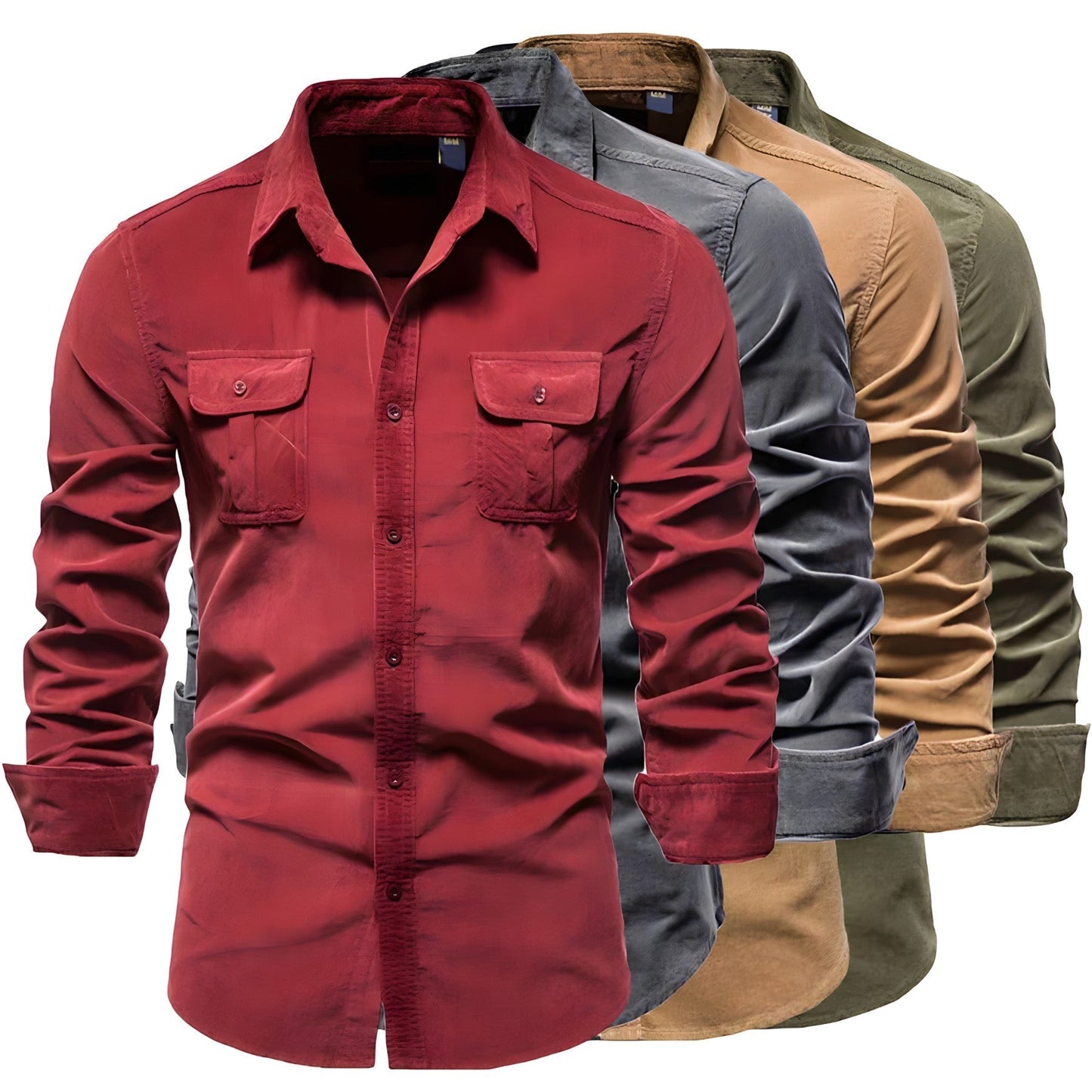 Herrenhemd Slim Fit, einfarbig, Knopfleiste, langarm, in Rot, Grau, Beige, Grün.