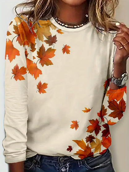Damenpullover mit Herbstblättern, weiß, langärmelig, modisch, lässig, Baumwolle.