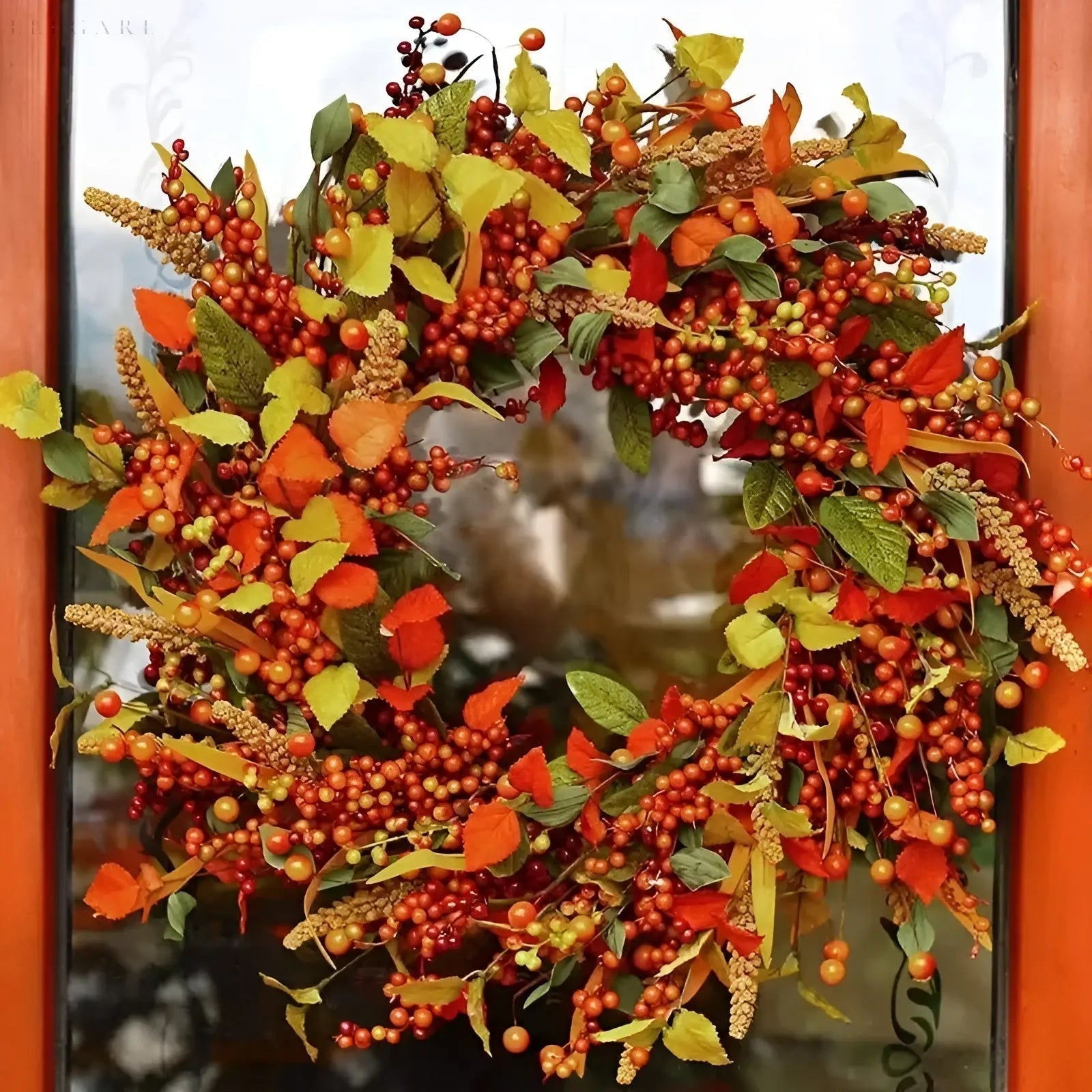 Herbstlicher Türkranz aus Rattan mit Ahornblättern und Beeren, perfekte Herbstdekoration.