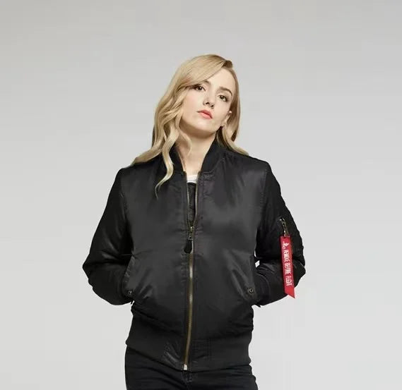 Schwarze Bomberjacke aus Nylon, Unisex, Winter, amerikanischer Militärstil, Reißverschluss.