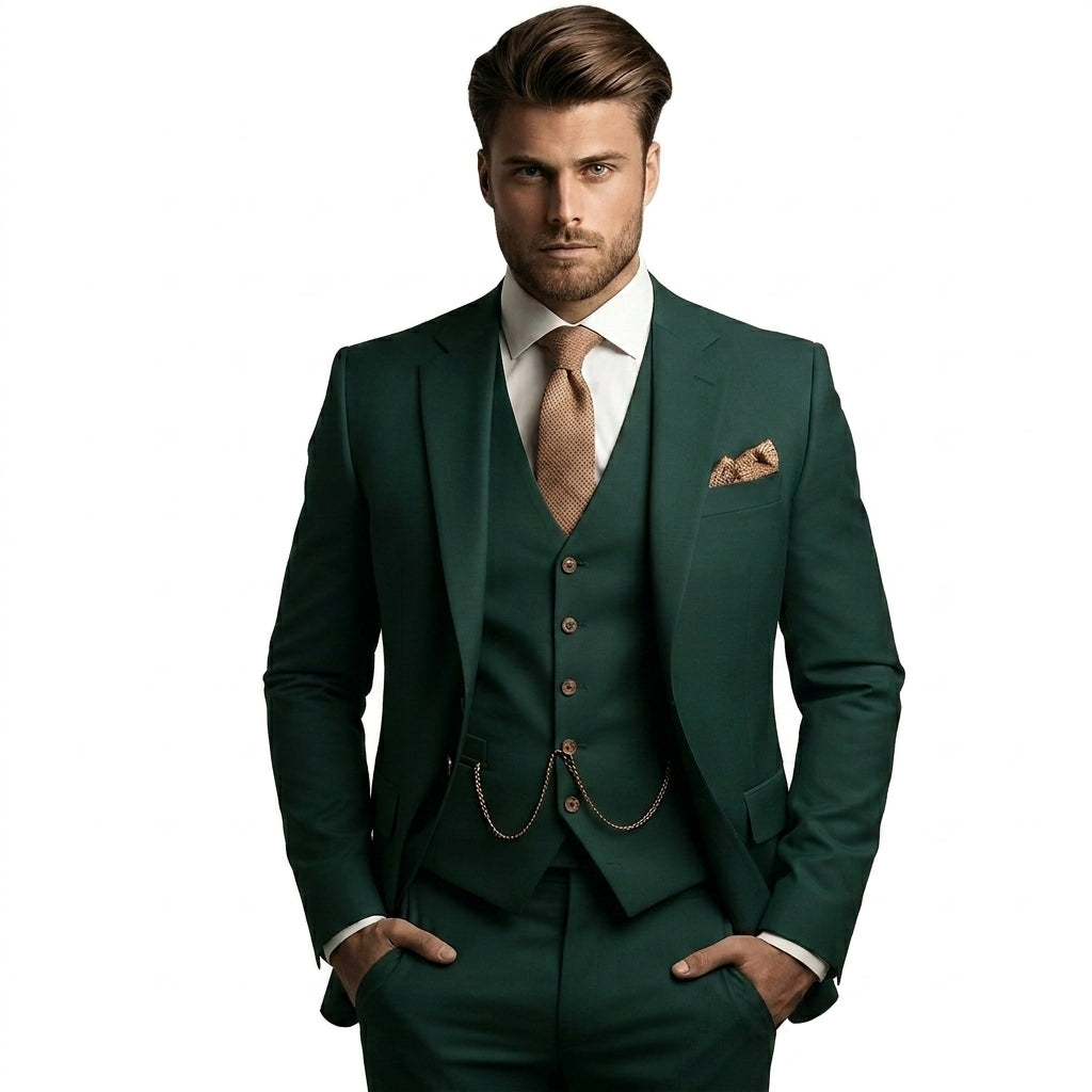 Man bär kostymen i mörkgrönt med blazer, väst och byxor, ljusbrunt slips, bosscheck och klockkedja på västen. 5