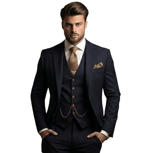 Man bär kostymen i mörkt marinblått med beige slips, bosscheck i bröstfickan och klockkedja på västen, händerna i fickorna. 1