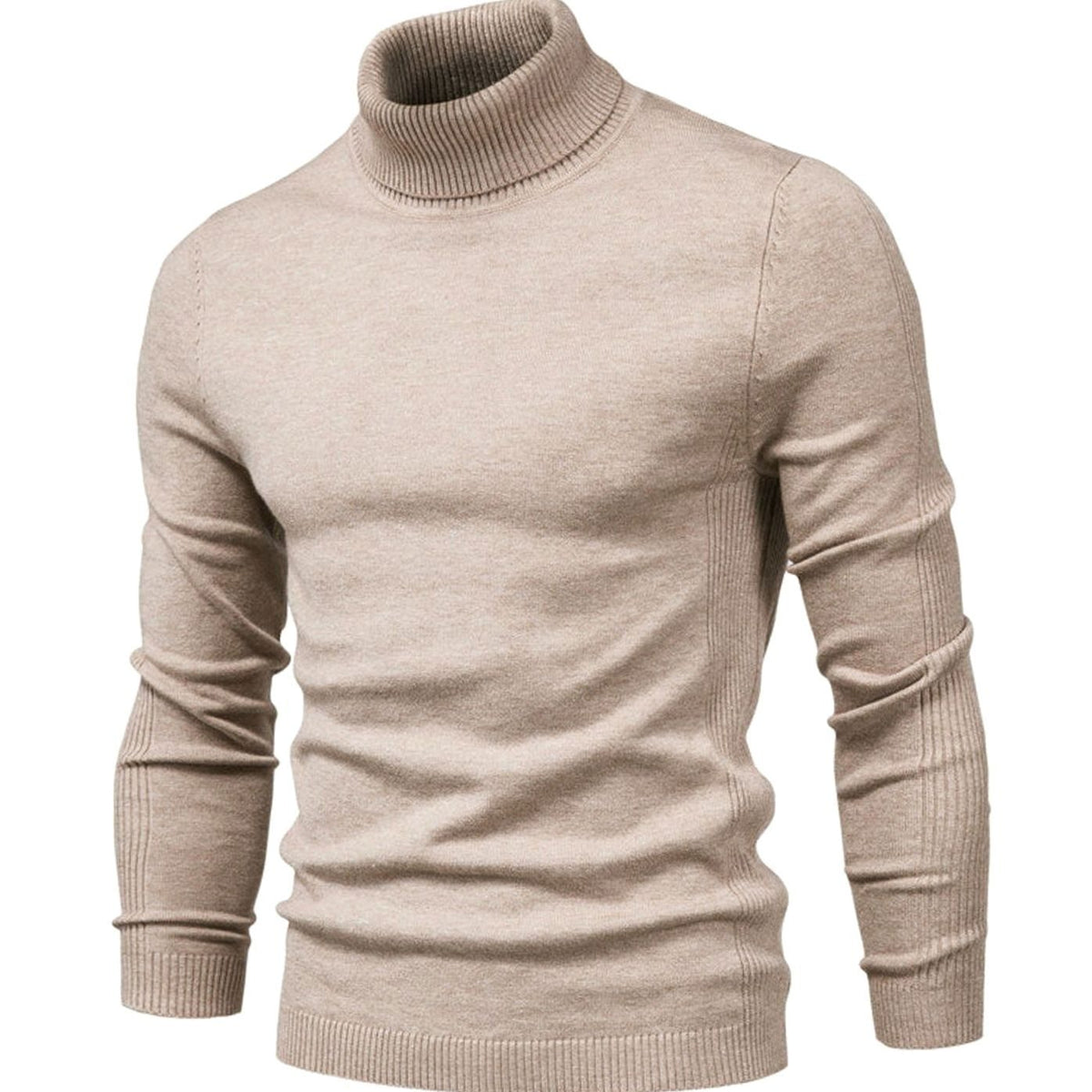 Beige stickad tröja med hög polokrage och ribbade detaljer på ärmar och sidor 6