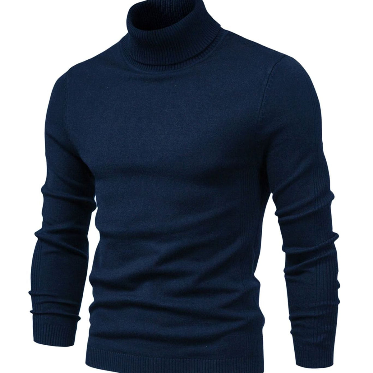 Marinblå stickad tröja med hög polokrage, långa ärmar och ribbad nederkant 7