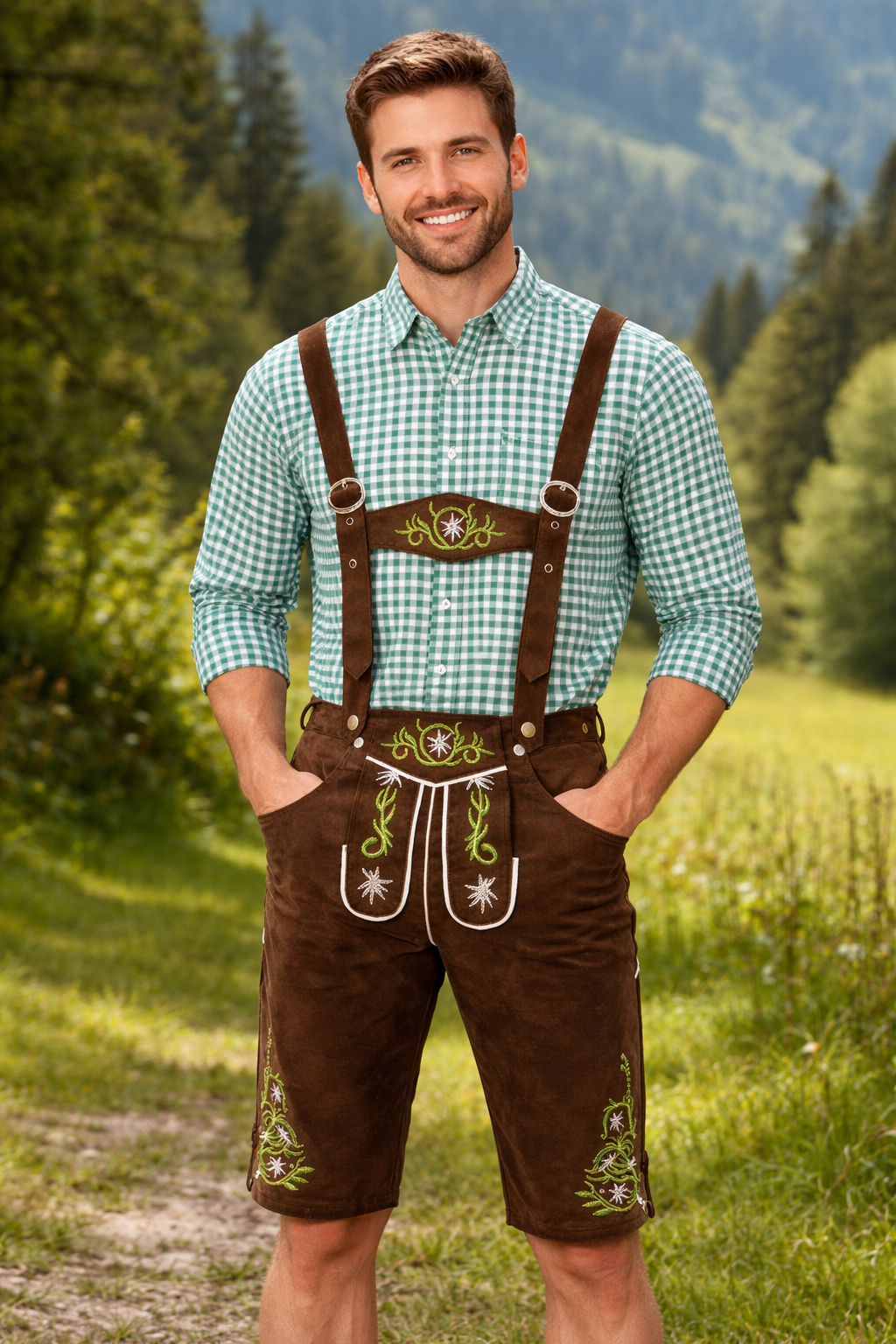 Samma bruna lederhosen med broderi och hängslen burna av en man med grönrutig skjorta utomhus på en äng med skog. 2