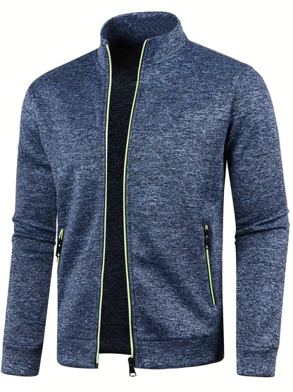 Dunkelblaue Herren-Sportjacke mit Reißverschluss, Stehkragen, Taschen, atmungsaktivem Material.