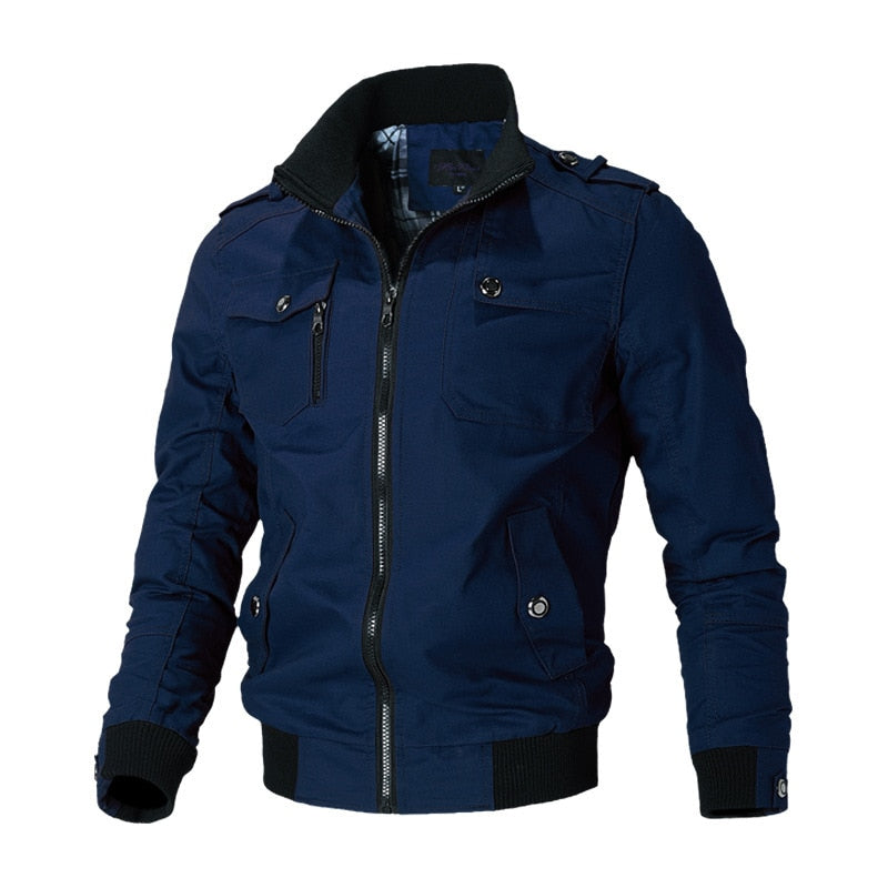 Dunkelblaue Herren-Bomberjacke, Reißverschluss, Baumwolle, modisch, Herbstbekleidung.