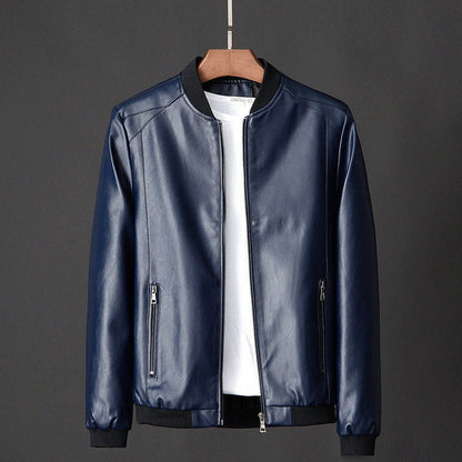 Dunkelblaue Lederjacke für Herren, Reißverschluss, modisch, elegant, Freizeitkleidung.