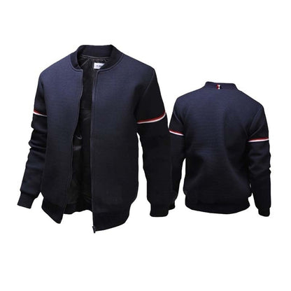 Schwarze Bomberjacke für Herren, Reißverschluss, gestreifte Ärmel, modisch, bequem.