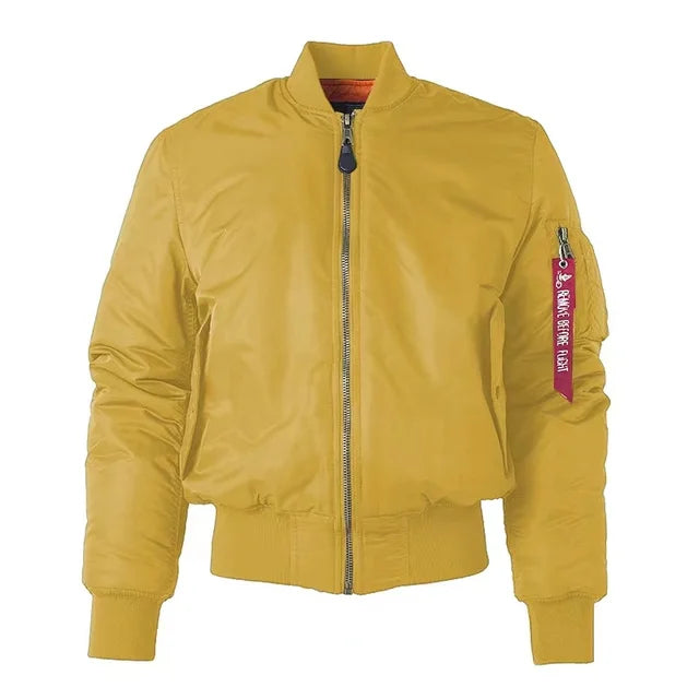 Gelbe Bomberjacke aus Nylon, Herren, Winter, Outdoor, amerikanischer Militärstil, Reißverschluss.