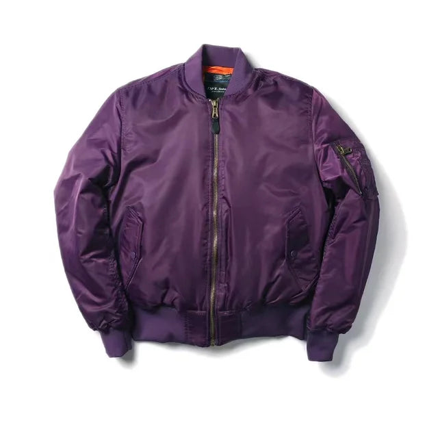Lila Bomberjacke aus Nylon, Herren, Winter, Outdoor, amerikanischer Militärstil, Reißverschluss.