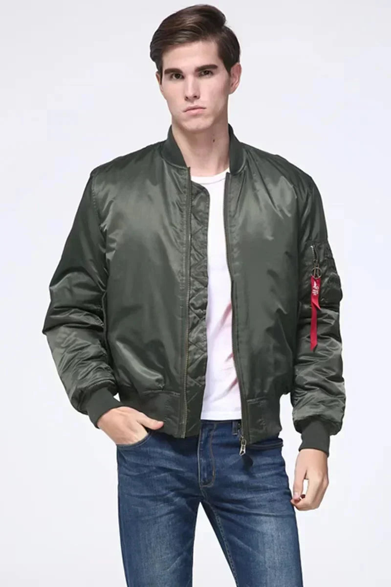 Grüne MA-1 Bomberjacke Herren, Nylon, Winter, Outdoor, amerikanischer Militärstil.