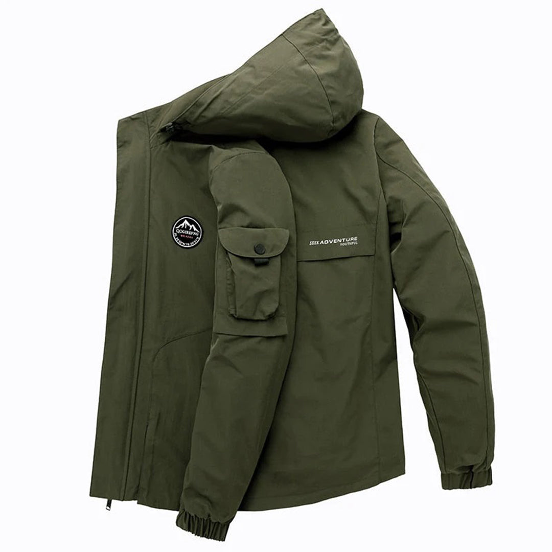 Grüne Herren-Bomberjacke mit Kapuze, Outdoor-Design, wasserabweisend, mit Taschen.