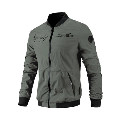 Grüne Herren-Bomberjacke, Reißverschluss, Schriftzug, modisch, lässig, leicht, Polyester.