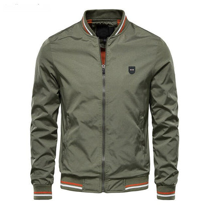 Grüne Herrenjacke mit Reißverschluss, Bomberstil, Freizeitmode, Frühling Herbst, Baumwolle.